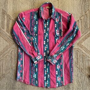 Vintage 90s Western Southwestern Saddlebrook Pink Green Patterned Shirt, Men’s L